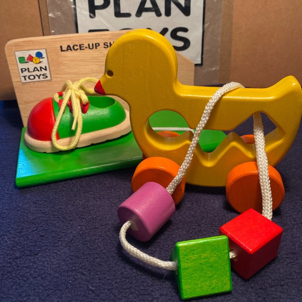PLAN Toy Wood Duck Shape Sort Toy and Lacing Shoe